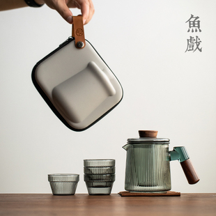 竖纹玻璃快客杯一壶四杯便携旅行功夫茶具套装 日式 办公室泡茶杯子