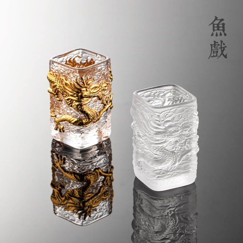 水晶玻璃茶杯主人杯手工浮雕描金腾龙品茗杯琉璃杯子单杯功夫茶具