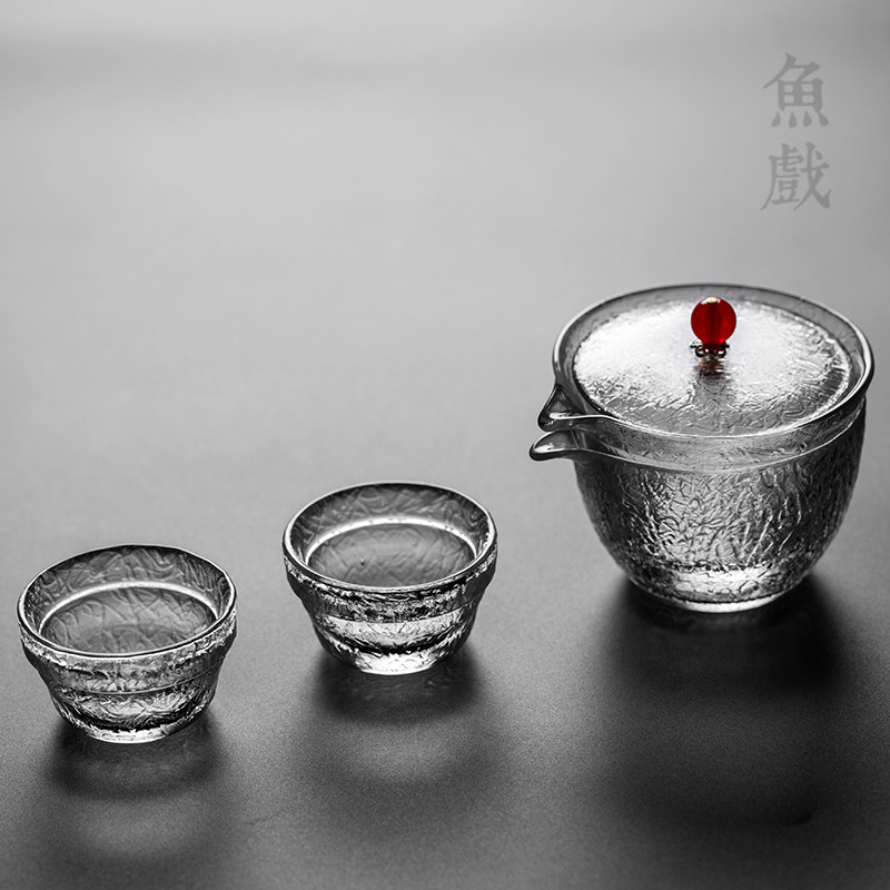日式锤纹玻璃盖碗泡n茶碗耐高温办公室男泡茶杯子便携功夫茶具套