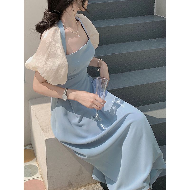 法式艺术感轻奢赫本风高级感复古气质修身蓝色方领连衣裙子女夏季