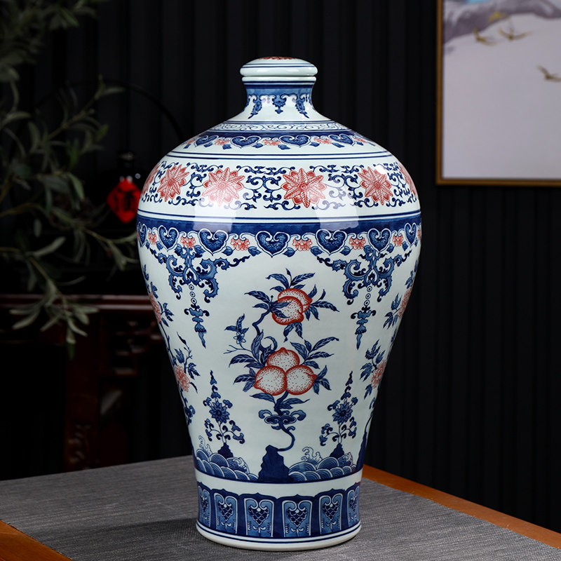 景德镇仿古陶瓷酒瓶二十斤装 手绘青花釉里红梅瓶20斤装空酒坛子