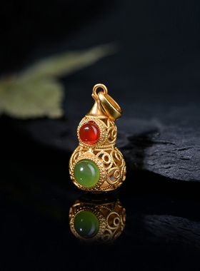儒匪窝和田碧玉葫芦银鎏金镶玉坠