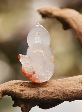 儒匪窝童子拜观音雕件南红玛瑙