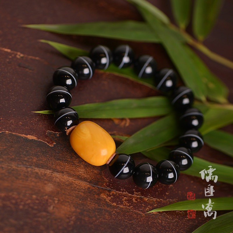 儒匪窝  一线药师珠圆珠配老蜜蜡手串 药师珠手链