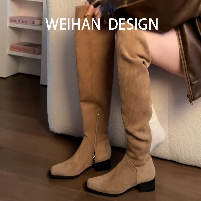 羊皮版！粗跟复古方头骑士靴侧拉链堆堆靴显瘦过膝长靴西部牛仔靴,女鞋,时装靴,淘宝优惠券,粉丝福利购,淘宝优惠卷