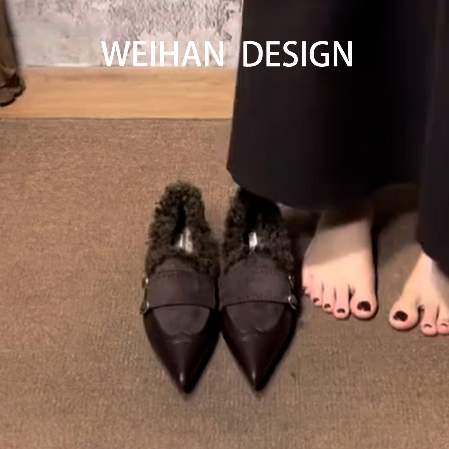 羊皮版！通勤深口毛毛卷小皮鞋时髦尖头跛跟单鞋加绒一脚蹬乐福鞋,女鞋,深口单鞋,淘宝优惠券,粉丝福利购,淘宝优惠卷