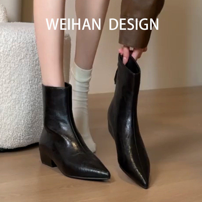 羊皮版！气质尖头短靴后拉链粗跟切尔西靴法式瘦瘦靴真皮马丁靴女,女鞋,时装靴,淘宝优惠券,粉丝福利购,淘宝优惠卷