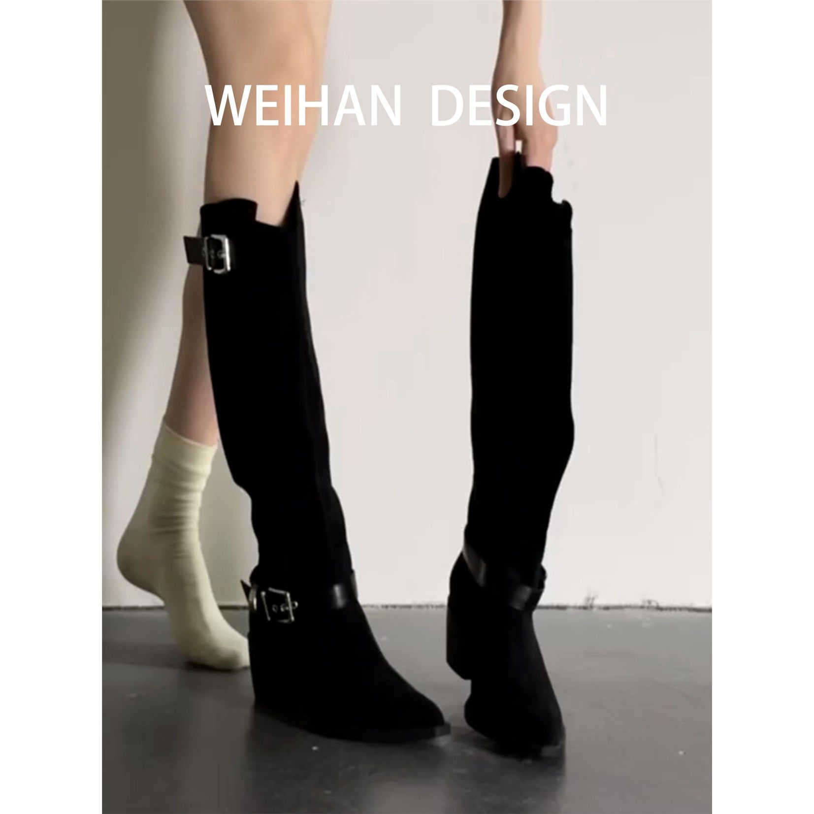 羊皮版！尖头皮带扣粗跟长靴女黑色不过膝高跟靴西部骑士靴长筒靴,女鞋,骑士靴,淘宝优惠券,粉丝福利购,淘宝优惠卷