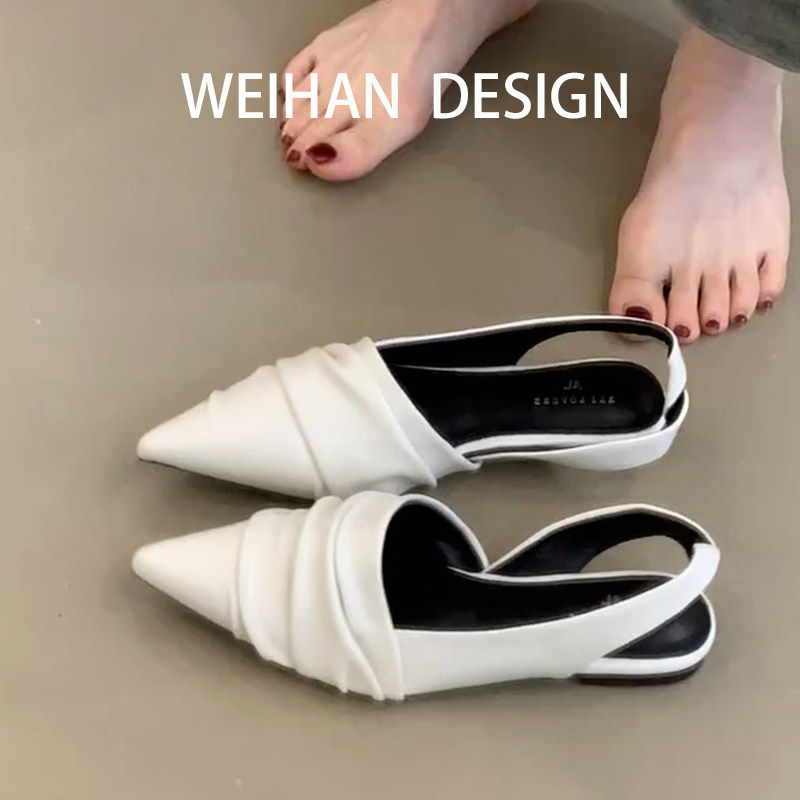 羊皮版！高级感平底后空包头凉鞋女春季法式气质褶皱尖头低跟单鞋