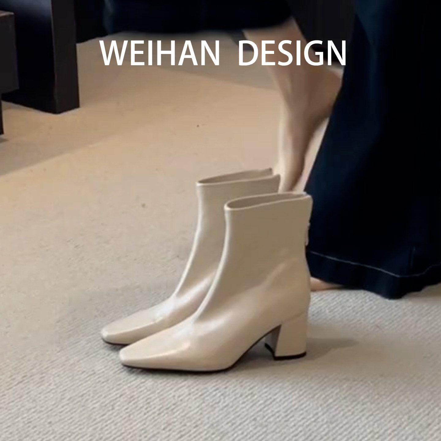 羊皮版！白色高跟短靴女方头粗跟弹力瘦瘦靴法式软皮气质百搭踝靴