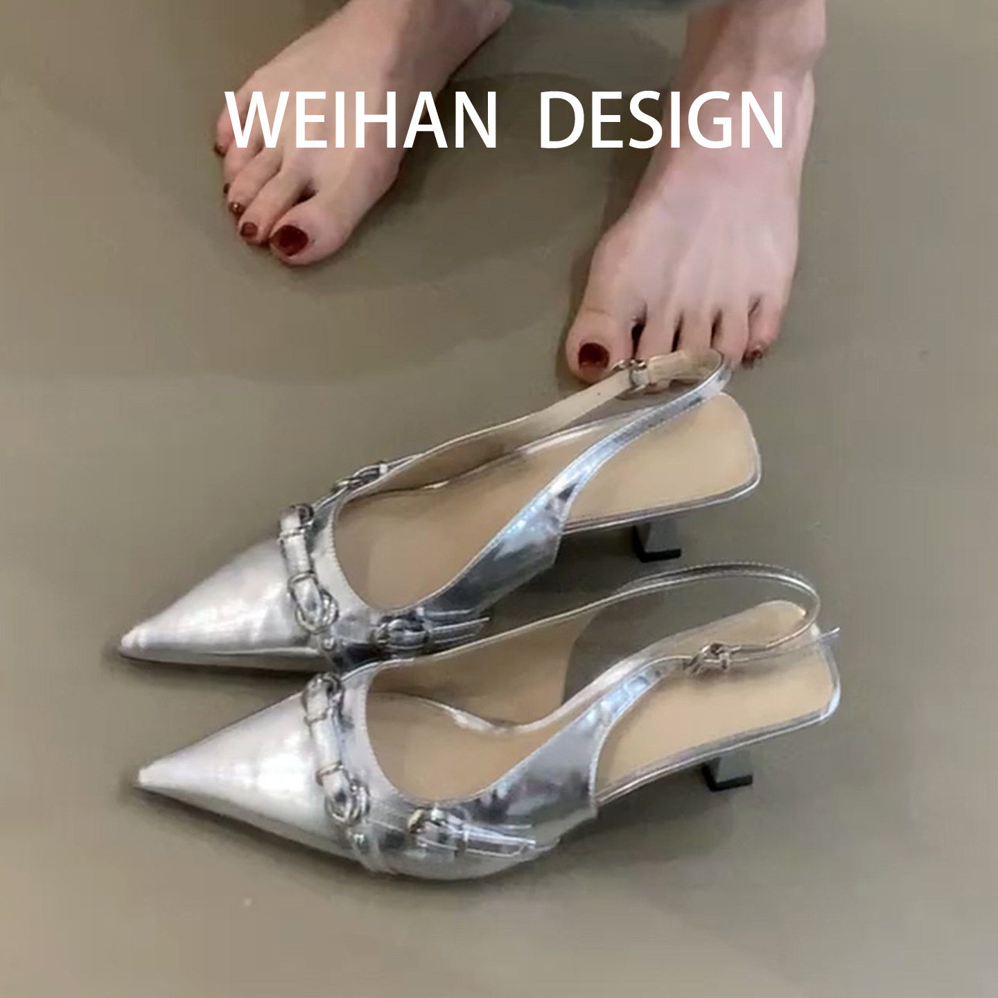 羊皮版~小众气质铆钉尖头低跟包头凉鞋女绝美名媛漆皮银色高跟鞋,女鞋,时装凉鞋,淘宝优惠券,粉丝福利购,淘宝优惠卷