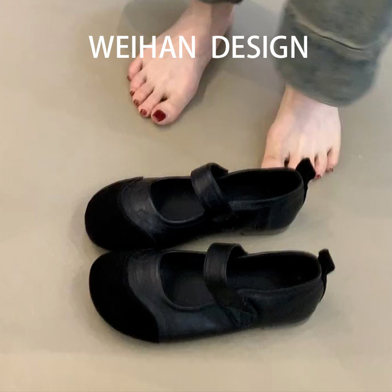 羊皮版！复古一字带玛丽珍鞋女魔术贴舒适软底勃肯鞋平底拼接单鞋