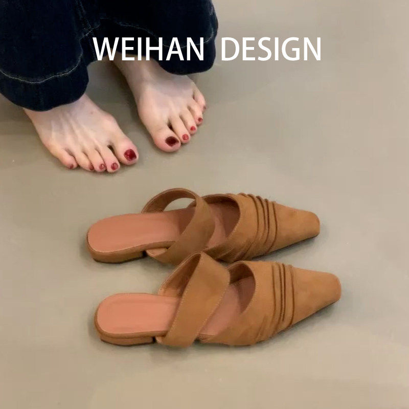 羊皮版！法式复古凉拖女时尚包头半拖鞋平底尖头懒人一脚蹬穆勒鞋