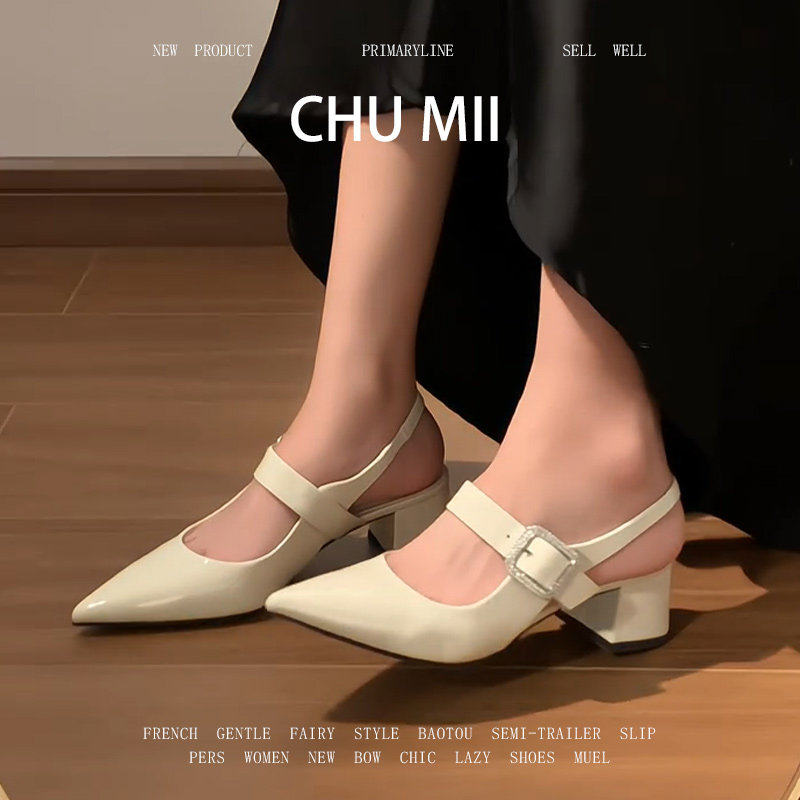 羊皮版~白色尖头粗跟玛丽珍鞋女浅口一字扣带单鞋韩式后空高跟鞋