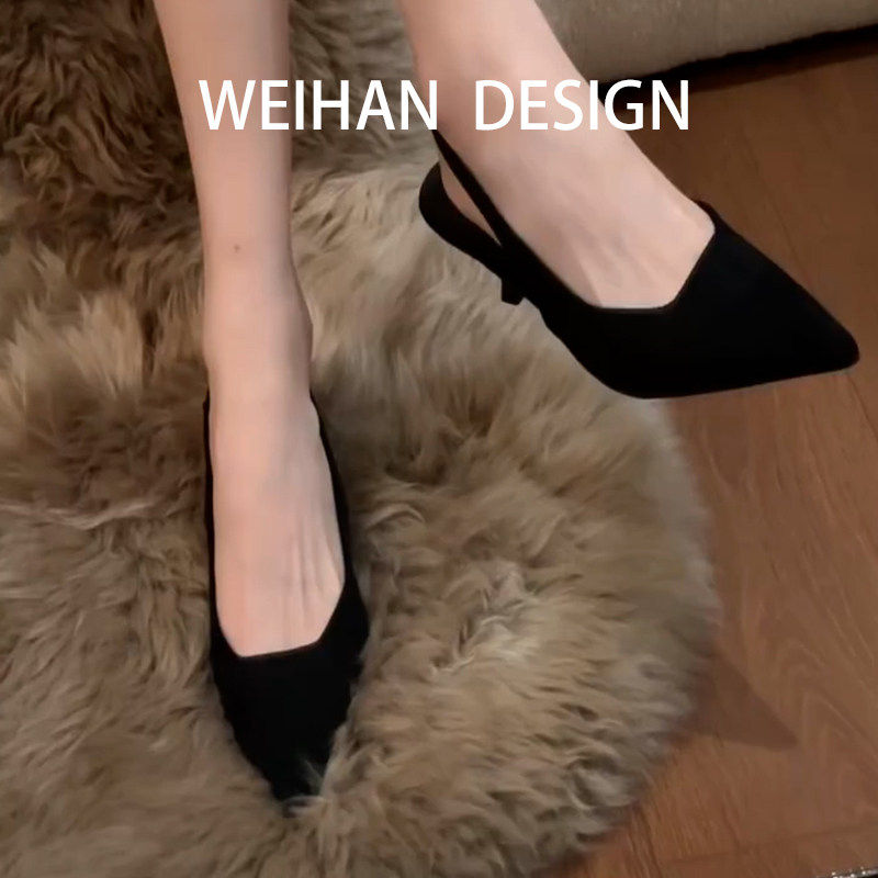 羊皮版！後空高级感细跟凉鞋女法式尖头高跟鞋後绊带中空包头单鞋