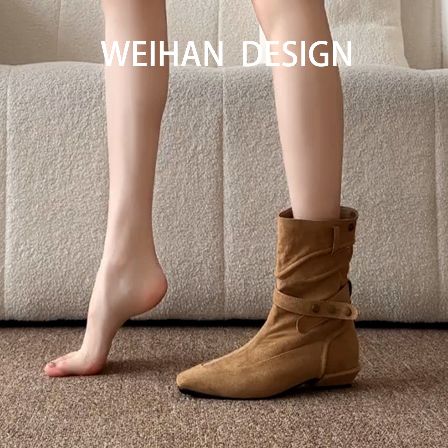 羊皮版！复古废土风低粗跟马丁靴尖头骑士短靴百搭绒面堆堆西部靴,女鞋,马丁靴,淘宝优惠券,粉丝福利购,淘宝优惠卷