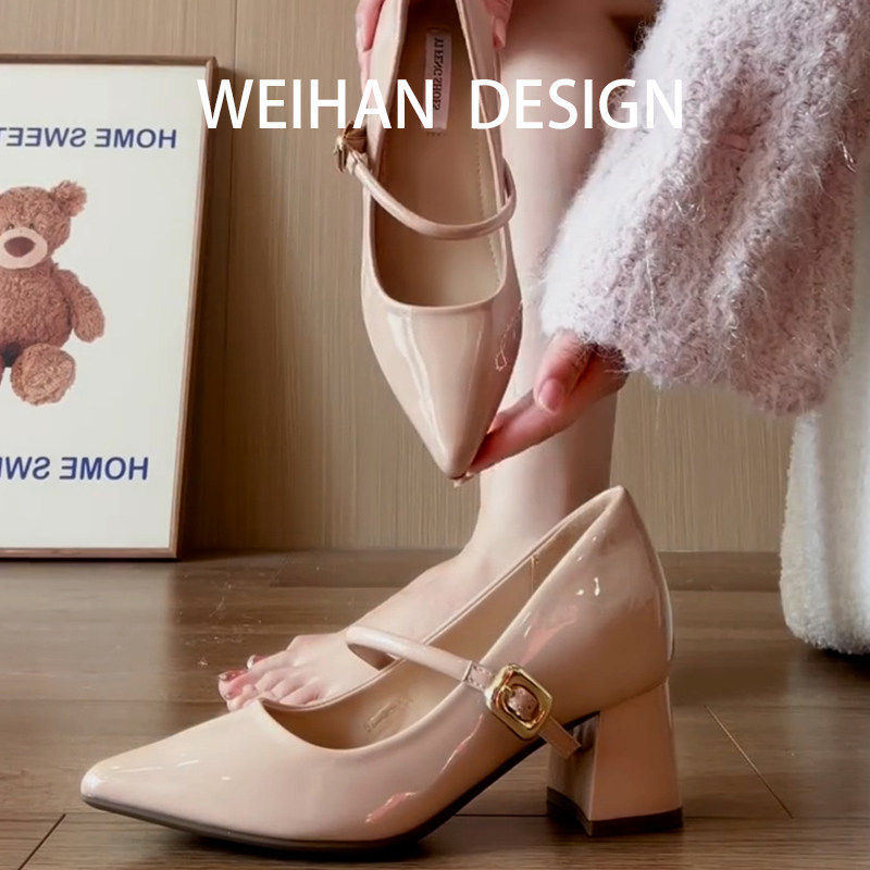 羊皮版~尖头内增高玛丽珍鞋8cm小个子高跟鞋女配裙子粗跟一字单鞋