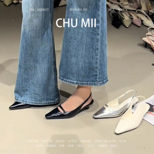 羊皮版~黑色简约小猫跟凉鞋女方头真皮浅口高跟鞋配裙子软底单鞋