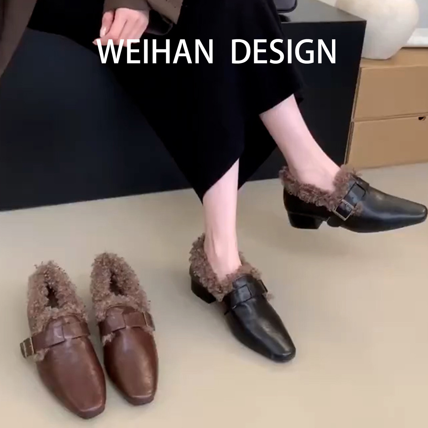 羊皮版！英伦复古方头毛毛乐福鞋