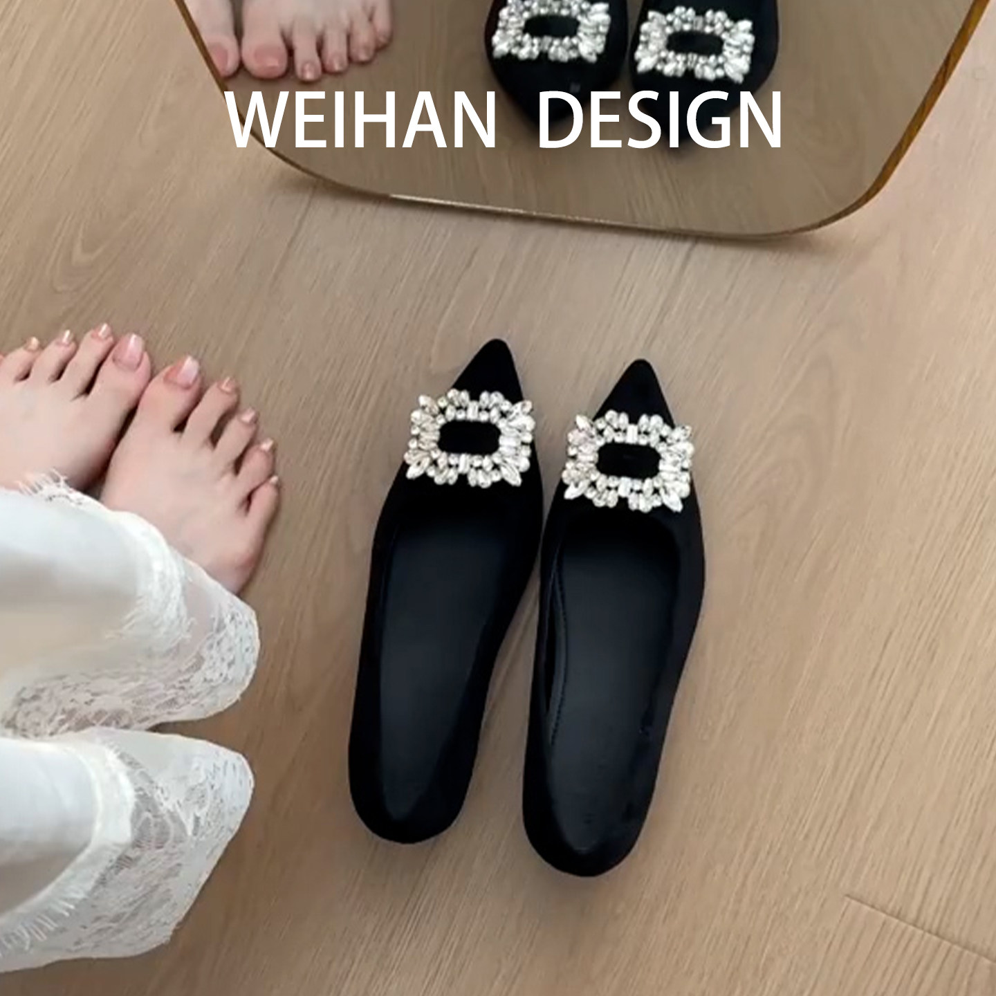 羊皮版！法式水钻方扣浅口单鞋女黑色通勤尖头内增高平底晚晚鞋