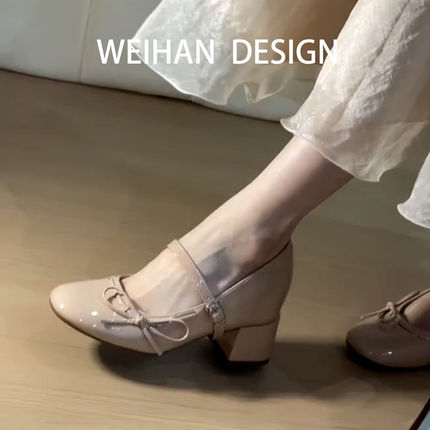 羊皮版！粗跟内外增7cm圆头玛丽珍鞋气质女高跟鞋浅口蝴蝶结女鞋