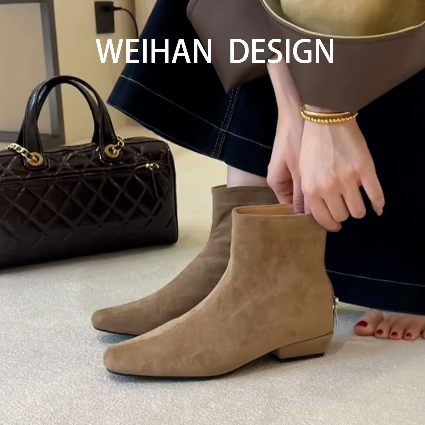 羊皮版！小众绒面低跟短靴女方头弹力瘦瘦靴后拉链短筒法式及踝靴