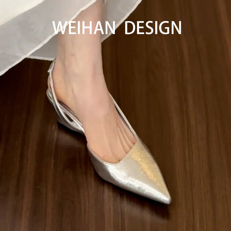 羊皮版！银色侧空中空真皮凉鞋女尖头後空高跟鞋坡跟浅口包头单鞋