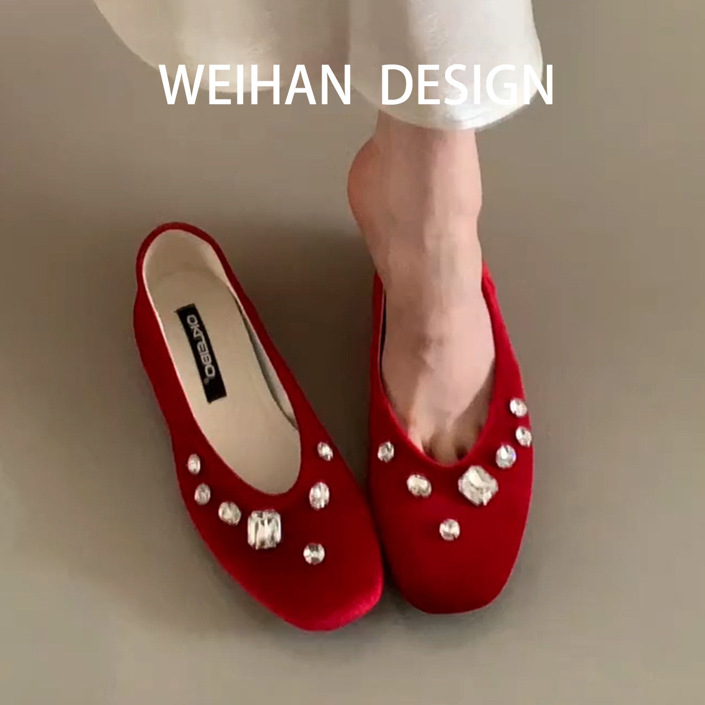 羊皮版！红色水钻圆头平底单鞋女通勤绒面瓢鞋配裙子软底玛丽珍鞋