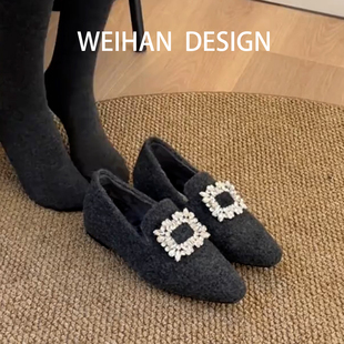 羊皮版！法式水钻方扣毛呢乐福鞋女外穿加绒棉鞋内增高单鞋毛毛鞋