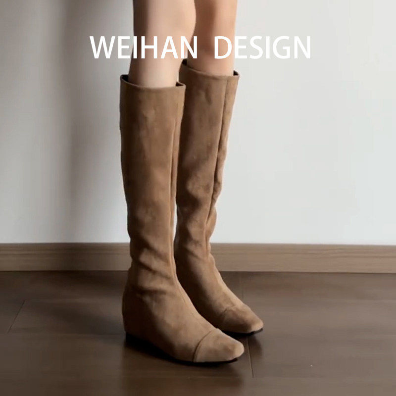 羊皮版~复古绒面不过膝长筒靴女褶皱西部牛仔靴内增高平底高筒靴,女鞋,时装靴,淘宝优惠券,粉丝福利购,淘宝优惠卷