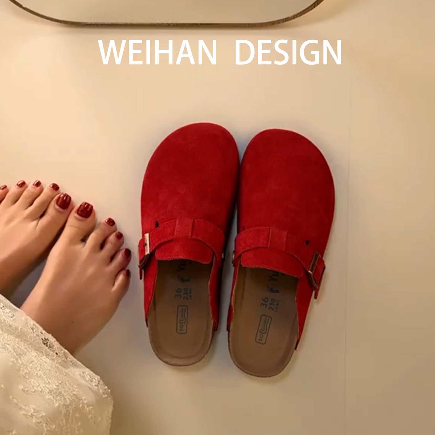 羊皮版！红色厚底增高勃肯鞋凉拖女外穿圆头丑萌一脚蹬包头半拖鞋,女鞋,包头拖,淘宝优惠券,粉丝福利购,淘宝优惠卷