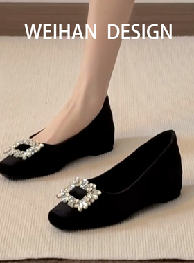 羊皮版！法式方头水钻扣浅口单鞋小个子内增高晚晚鞋绒面玛丽珍鞋