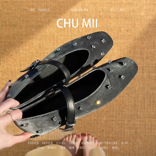 羊皮版~复古丝绒水钻单鞋女内增高一字扣玛丽珍鞋方头浅口奶奶鞋
