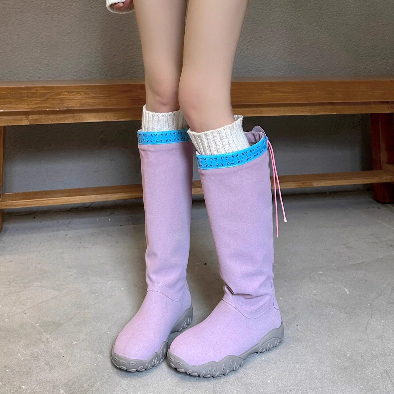 小众设计紫色长筒靴女不
