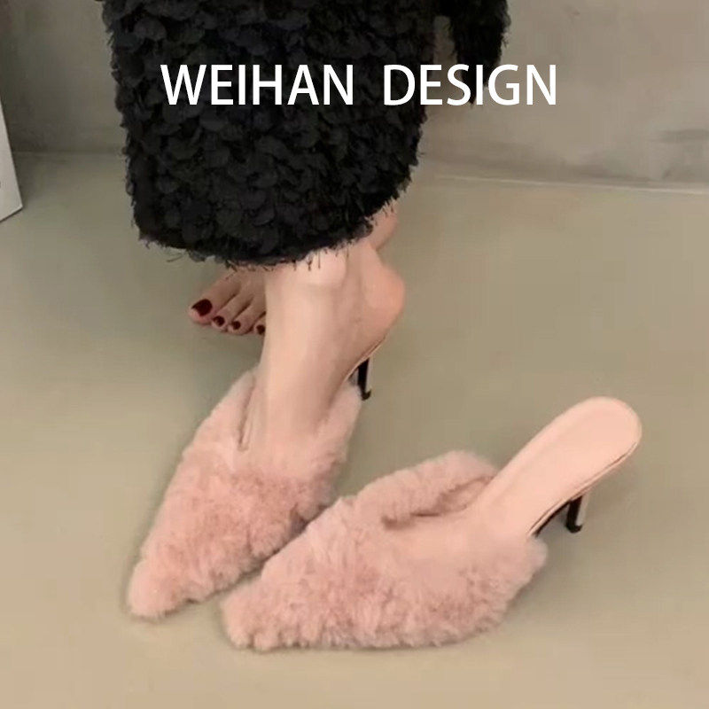 羊皮版~粉色毛毛高跟凉拖鞋女春外穿细跟高级感气质尖头包头半拖,女鞋,浅口单鞋,淘宝优惠券,粉丝福利购,淘宝优惠卷