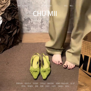 羊皮版~小众设计感方头凉鞋女法式扭结粗跟单鞋时尚配裙子高跟鞋