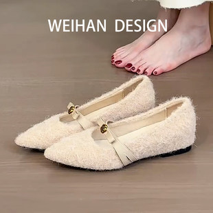 羊皮版！尖头毛呢加绒玛丽珍鞋法式内增高单鞋小香风蝴蝶结棉瓢鞋