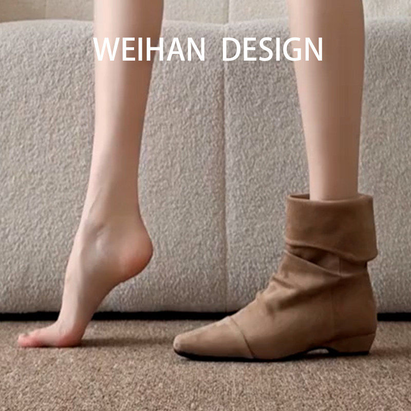 羊皮版！法式绒面褶皱堆堆靴女低跟秋冬马丁靴百搭美拉德复古短靴,女鞋,时装靴,淘宝优惠券,粉丝福利购,淘宝优惠卷