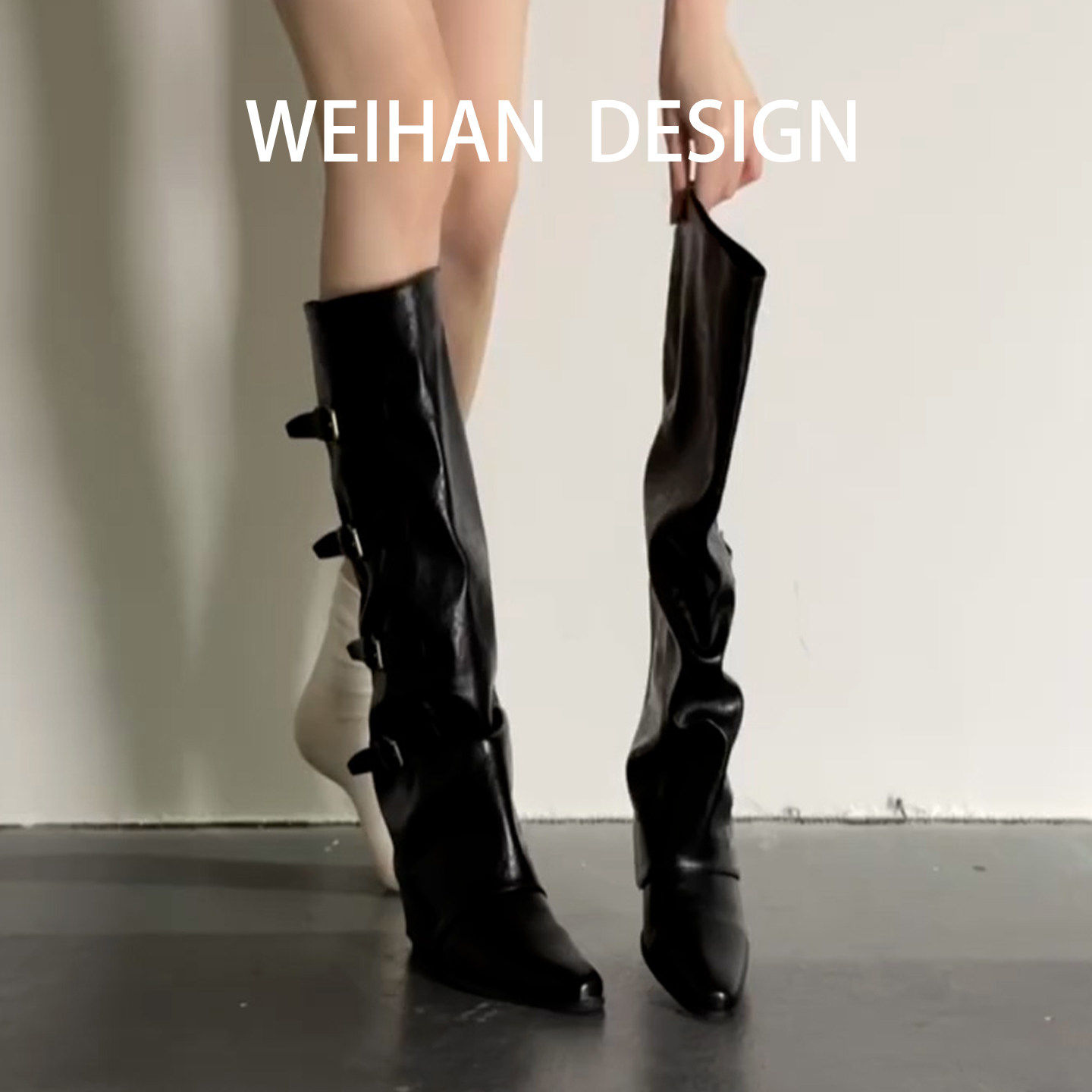 羊皮版！欧美黑色粗跟堆堆长靴女高筒皮带扣骑士靴时尚百搭裤管靴,女鞋,骑士靴,淘宝优惠券,粉丝福利购,淘宝优惠卷