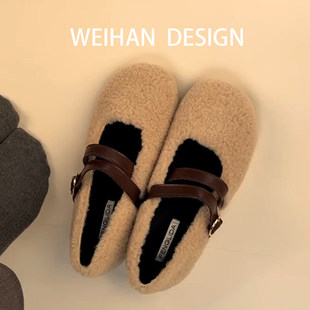 羊皮版！平底温柔毛毛玛丽珍鞋女一脚蹬秋冬配裙子加绒保暖棉单鞋