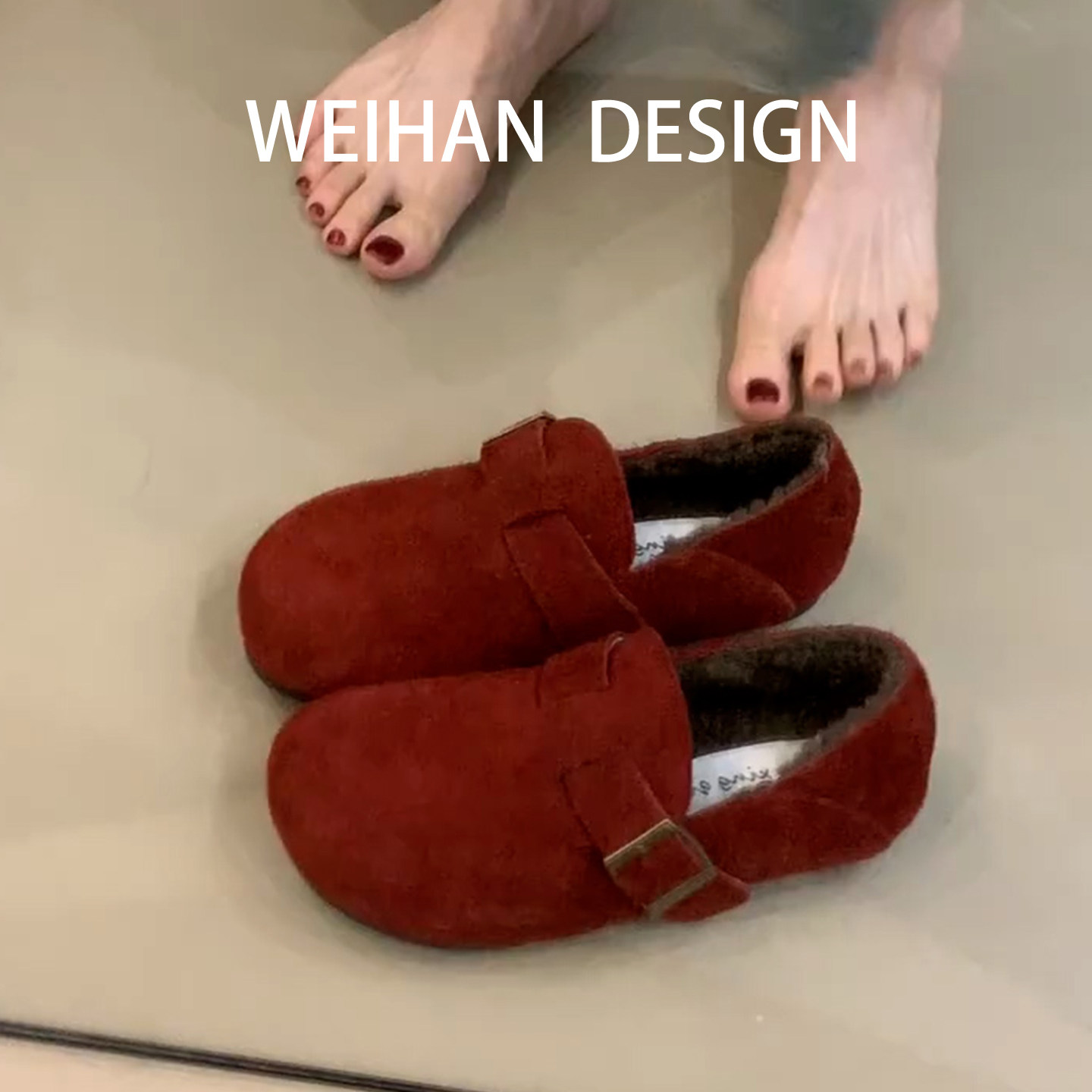 牛皮版！复古磨砂圆头厚底勃肯单鞋皮带扣外穿保暖加绒内增高棉鞋