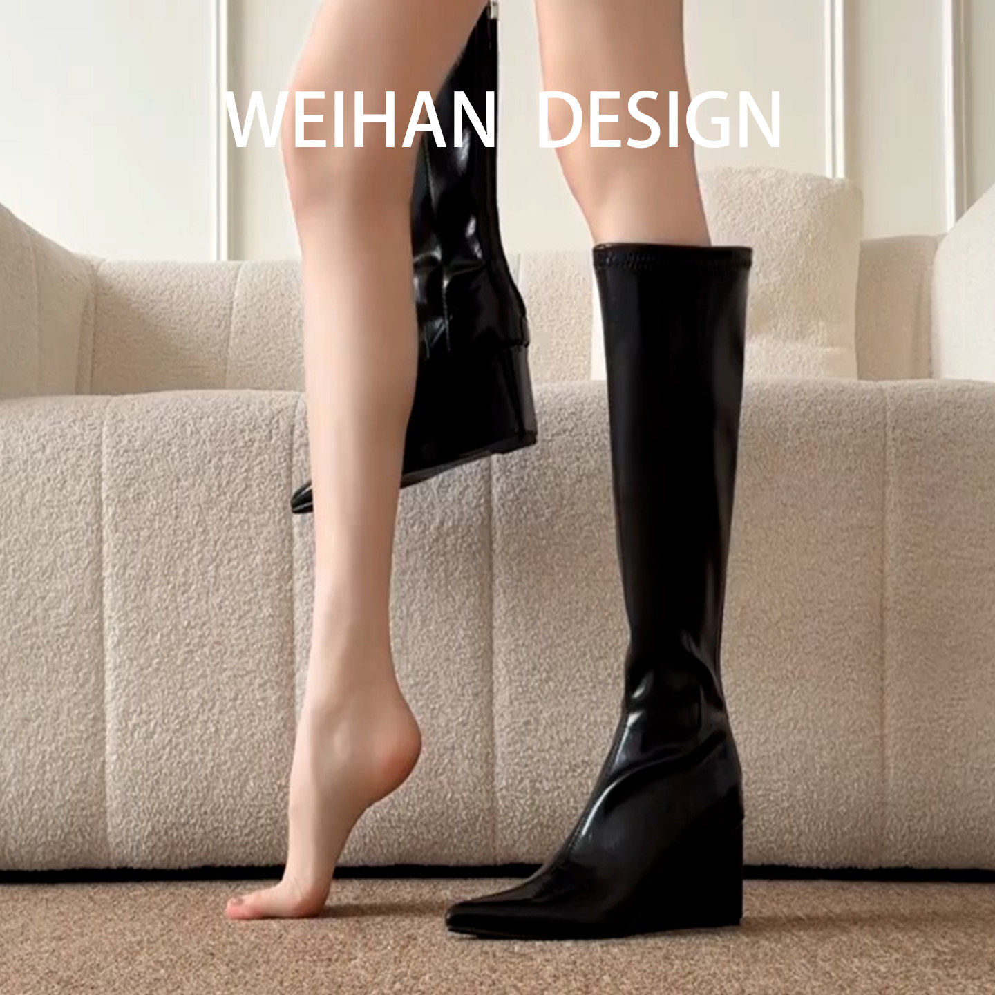 羊皮版！法式高级感长筒靴女后拉链尖头骑士靴小个子坡跟瘦瘦靴,女鞋,骑士靴,淘宝优惠券,粉丝福利购,淘宝优惠卷