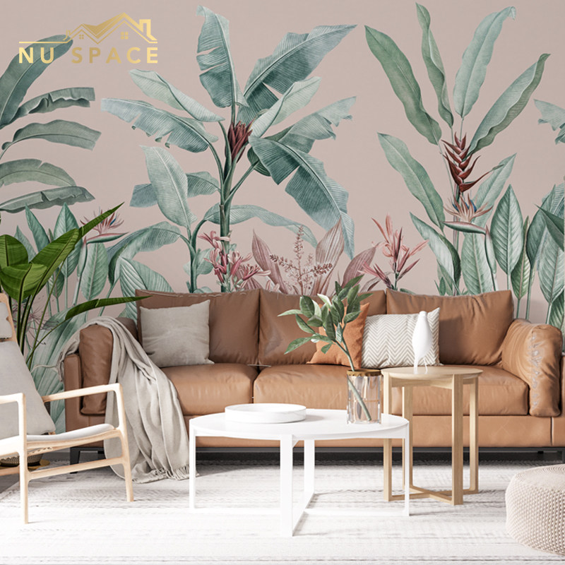 NU SPACE热带植物阔叶林北欧风格手绘壁画沙发床头背景墙壁纸墙纸,家装主材,定制壁画,淘宝优惠券,粉丝福利购,淘宝优惠卷