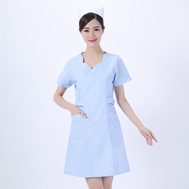 新款护士服药店工作服无领夏装短袖美容服医美护理裙子拉链款粉蓝