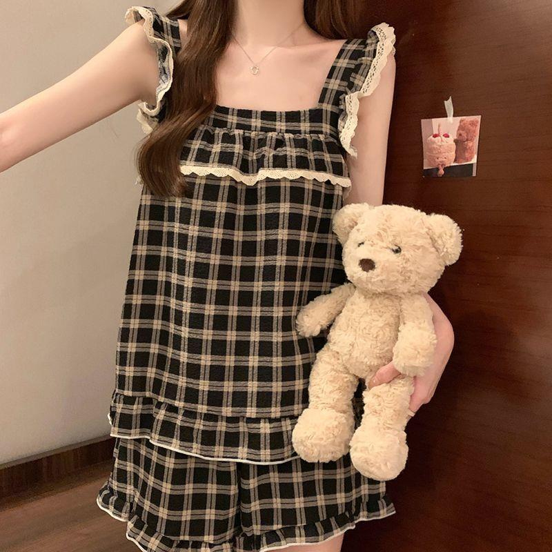 2025夏季吊带格子睡衣女带胸垫花边甜美少女小飞袖显瘦家居服套装
