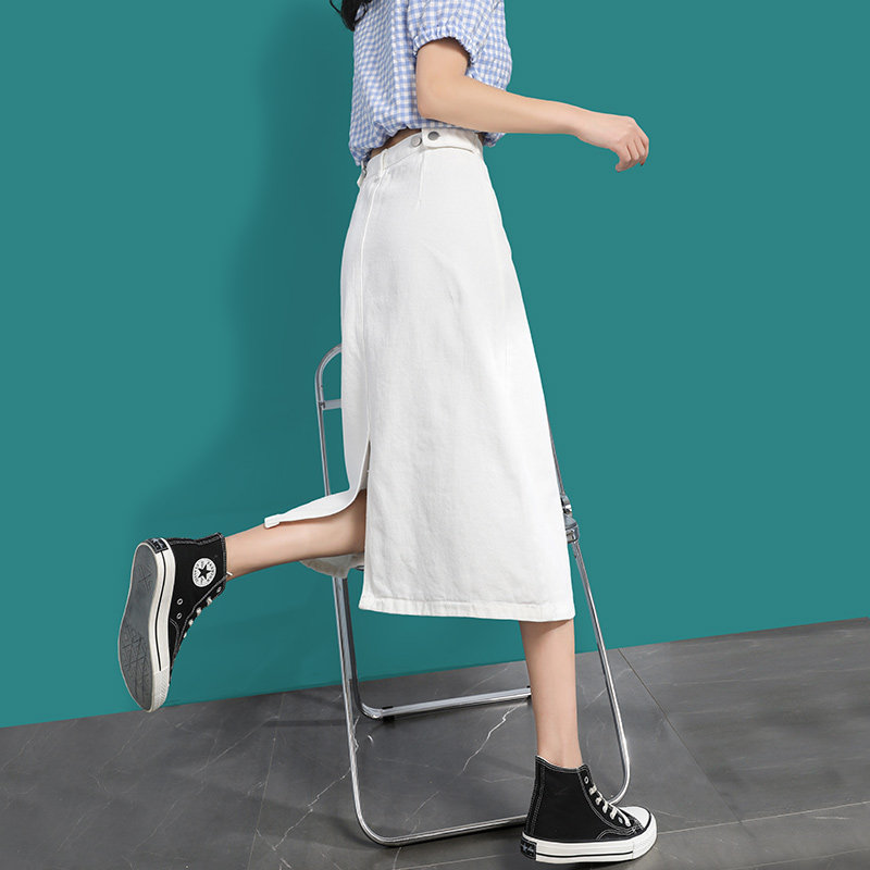 白色开叉牛仔半身裙女2021夏季新款中长款高腰a字裙宽松显瘦长裙|msdalam kategori Butik wanita / wanita, skirt - dari Buy2taobao.com untuk memberikan perkhidmatan ejen Taobao profesional membeli