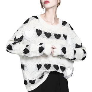 欧货时尚洋气爱心提花刺绣镂空上衣黑白色宽松钉珠针织罩衫毛衣女