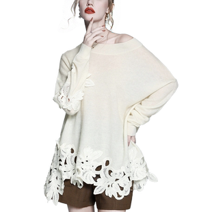 羊驼毛重工不规则蕾丝刺绣钩花镂空荷叶边下摆毛衣针织罩衫上衣秋