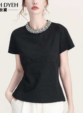 官售1w+ C簰同渠空气罗马棉~ 小香领口重工钉珠收腰短袖上衣T恤