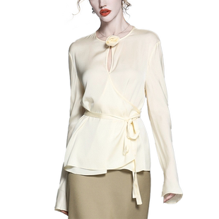 法式气质花瓣领交叉V领围裹式系带收腰重磅真丝桑蚕丝小衬衫上衣
